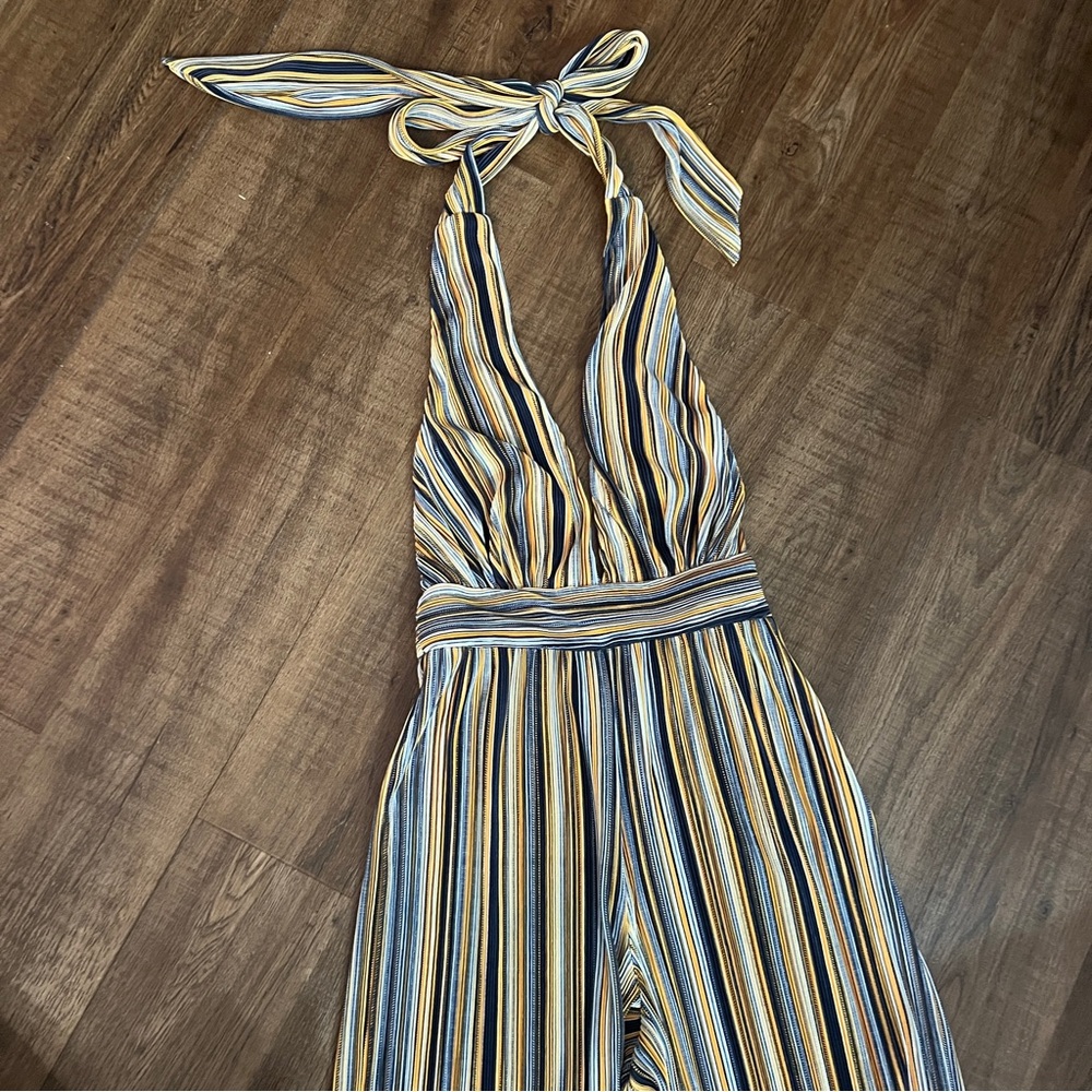 Nikki Beach Striped Halter Wide Leg Jumpsuit Resort Pantsuit Boho Ribbed size S - Picture 5 of 8
